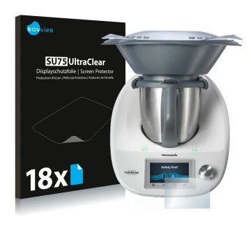 Face avant d’un emballage produit avec le logo de la marque Savvies. À côté, l’appareil Vorwerk Bimby TM5 est représenté avec 