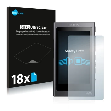 Face avant d’un emballage produit avec le logo de la marque Savvies. À côté, l’appareil Sony Walkman A40 est représenté avec l