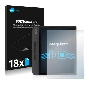 Face avant d’un emballage produit avec le logo de la marque Savvies. À côté, l’appareil Kobo Forma est représenté avec la prot