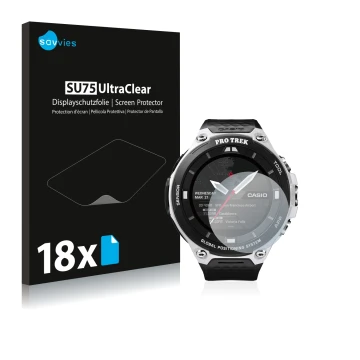 Face avant d’un emballage produit avec le logo de la marque Savvies. À côté, l’appareil Casio Pro Trek Smart WSD-F20 est repré