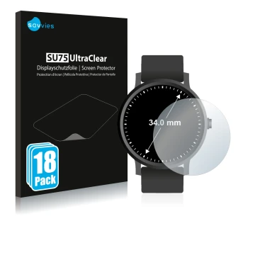 Face avant d’un emballage produit avec le logo de la marque Savvies. À côté, l’appareil Circulaire Displays (ø: 34 mm) est rep