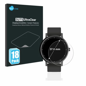 Face avant d’un emballage produit avec le logo de la marque Savvies. À côté, l’appareil Circulaire Displays (ø: 37 mm) est rep