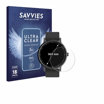 Face avant d’un emballage produit avec le logo de la marque Savvies. À côté, l’appareil Circulaire Displays (ø: 38 mm) est rep