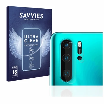 Face avant d’un emballage produit avec le logo de la marque Savvies. À côté, l’appareil Huawei P30 Pro (Caméra UNIQUEMENT) est