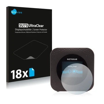 Face avant d’un emballage produit avec le logo de la marque Savvies. À côté, l’appareil Netgear Nighthawk M1 est représenté av