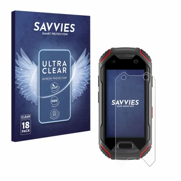 Face avant d’un emballage produit avec le logo de la marque Savvies. À côté, l’appareil Unihertz Atom est représenté avec la p