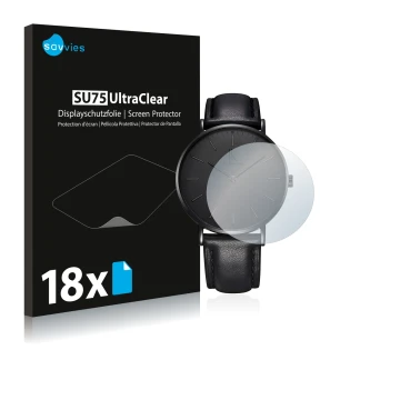 Face avant d’un emballage produit avec le logo de la marque Savvies. À côté, l’appareil Alienwork IK Montre (36 mm) est représ