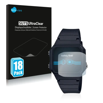 Face avant d’un emballage produit avec le logo de la marque Savvies. À côté, l’appareil Casio Unisex A168WA-1YES est représent