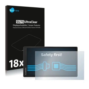 Face avant d’un emballage produit avec le logo de la marque Savvies. À côté, l’appareil Garmin DriveSmart 55 est représenté av