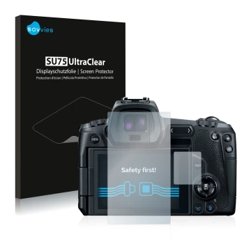 Face avant d’un emballage produit avec le logo de la marque Savvies. À côté, l’appareil Canon EOS R est représenté avec la pro