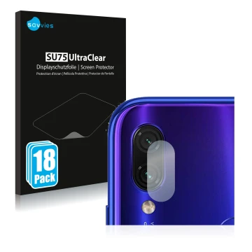 Face avant d’un emballage produit avec le logo de la marque Savvies. À côté, l’appareil Xiaomi Redmi Note 7 (Caméra UNIQUEMENT