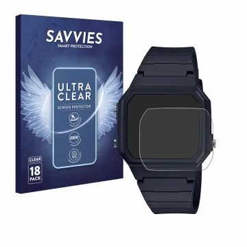 Face avant d’un emballage produit avec le logo de la marque Savvies. À côté, l’appareil Casio Unisex F-91W est représenté avec