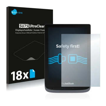 Face avant d’un emballage produit avec le logo de la marque Savvies. À côté, l’appareil PocketBook Touch HD 3 est représenté a