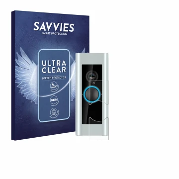 Face avant d’un emballage produit avec le logo de la marque Savvies. À côté, l’appareil Ring Video Doorbell Pro (Version 2) es