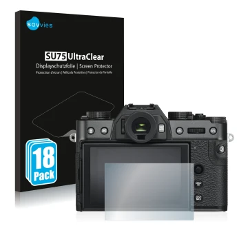 Face avant d’un emballage produit avec le logo de la marque Savvies. À côté, l’appareil Fujifilm X-T30 est représenté avec la 