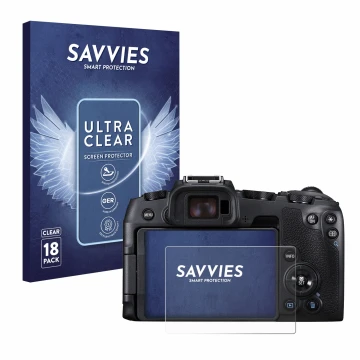 Face avant d’un emballage produit avec le logo de la marque Savvies. À côté, l’appareil Canon EOS RP est représenté avec la pr