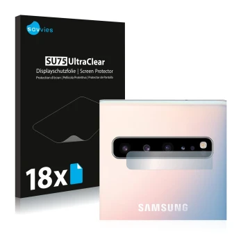 Face avant d’un emballage produit avec le logo de la marque Savvies. À côté, l’appareil Samsung Galaxy S10 5G (Caméra UNIQUEME
