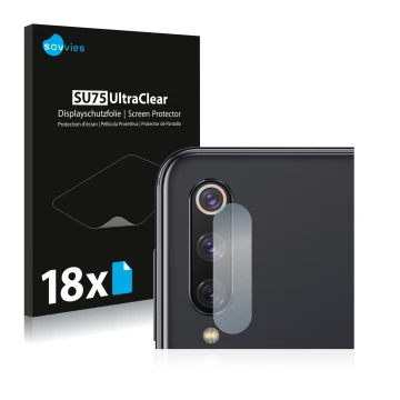 Face avant d’un emballage produit avec le logo de la marque Savvies. À côté, l’appareil Xiaomi Mi 9 SE (Caméra UNIQUEMENT) est