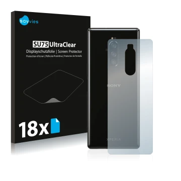 Face avant d’un emballage produit avec le logo de la marque Savvies. À côté, l’appareil Sony Xperia 1 (Arrière) est représenté