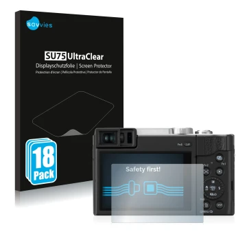 Face avant d’un emballage produit avec le logo de la marque Savvies. À côté, l’appareil Panasonic Lumix DC-TZ96 est représenté