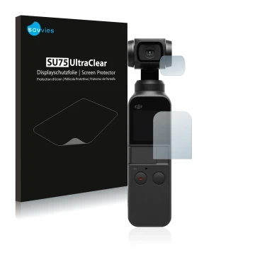 Face avant d’un emballage produit avec le logo de la marque Savvies. À côté, l’appareil DJI Osmo Pocket (Affichage + Lentille)
