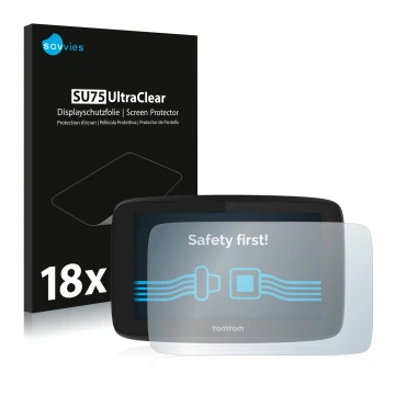 Face avant d’un emballage produit avec le logo de la marque Savvies. À côté, l’appareil TomTom GO Essential (5