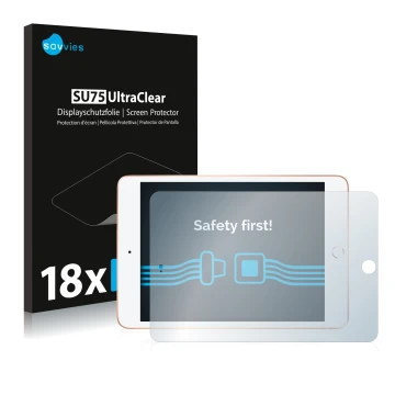 Face avant d’un emballage produit avec le logo de la marque Savvies. À côté, l’appareil Apple iPad Mini 5 2019 (en paysage, 5è