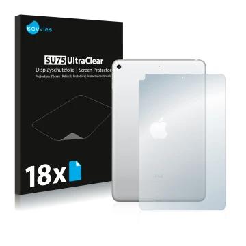 Face avant d’un emballage produit avec le logo de la marque Savvies. À côté, l’appareil Apple iPad Mini 5 2019 (Arrière, 5ème 