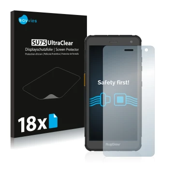 Face avant d’un emballage produit avec le logo de la marque Savvies. À côté, l’appareil RugGear RG655 est représenté avec la p