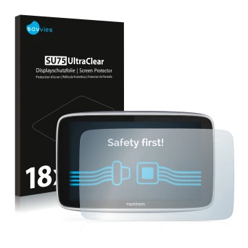 Face avant d’un emballage produit avec le logo de la marque Savvies. À côté, l’appareil TomTom GO Premium X est représenté ave
