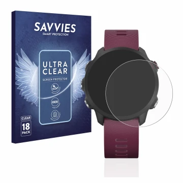 Face avant d’un emballage produit avec le logo de la marque Savvies. À côté, l’appareil Garmin Forerunner 245 est représenté a
