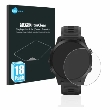 Face avant d’un emballage produit avec le logo de la marque Savvies. À côté, l’appareil Garmin Forerunner 945 est représenté a