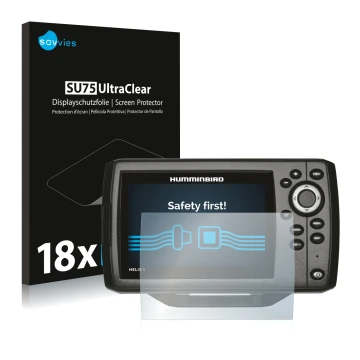 Face avant d’un emballage produit avec le logo de la marque Savvies. À côté, l’appareil Humminbird Helix 5 est représenté avec