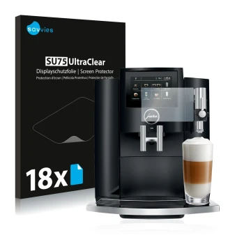 Face avant d’un emballage produit avec le logo de la marque Savvies. À côté, l’appareil Jura S8 est représenté avec la protect