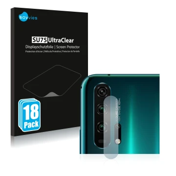 Face avant d’un emballage produit avec le logo de la marque Savvies. À côté, l’appareil Honor 20 Pro (Caméra UNIQUEMENT) est r