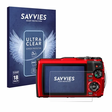 Face avant d’un emballage produit avec le logo de la marque Savvies. À côté, l’appareil Olympus Tough TG-6 est représenté avec