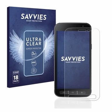 Face avant d’un emballage produit avec le logo de la marque Savvies. À côté, l’appareil Samsung Galaxy XCover 4s est représent