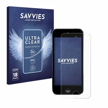 Face avant d’un emballage produit avec le logo de la marque Savvies. À côté, l’appareil Apple iPod Touch (7ème Gen.) est repré