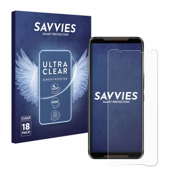 Face avant d’un emballage produit avec le logo de la marque Savvies. À côté, l’appareil ASUS ROG Phone 2 est représenté avec l
