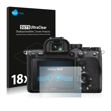 Face avant d’un emballage produit avec le logo de la marque Savvies. À côté, l’appareil Sony Alpha 7R IV est représenté avec l