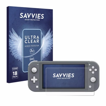 Face avant d’un emballage produit avec le logo de la marque Savvies. À côté, l’appareil Nintendo Switch Lite est représenté av