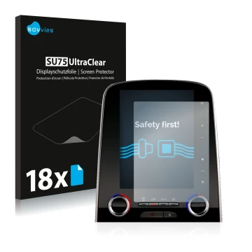 Face avant d’un emballage produit avec le logo de la marque Savvies. À côté, l’appareil Renault Espace R-Link 2 8.7