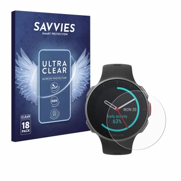 Face avant d’un emballage produit avec le logo de la marque Savvies. À côté, l’appareil Polar Vantage V Titan est représenté a