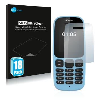 Face avant d’un emballage produit avec le logo de la marque Savvies. À côté, l’appareil Nokia 105 2019 est représenté avec la 