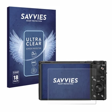 Face avant d’un emballage produit avec le logo de la marque Savvies. À côté, l’appareil Sony Cyber-Shot DSC-RX100 VII est repr