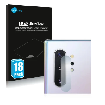 Face avant d’un emballage produit avec le logo de la marque Savvies. À côté, l’appareil Samsung Galaxy Note 10 Plus (Caméra UN