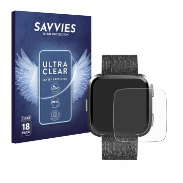 Face avant d’un emballage produit avec le logo de la marque Savvies. À côté, l’appareil Fitbit Versa Special Edition est repré