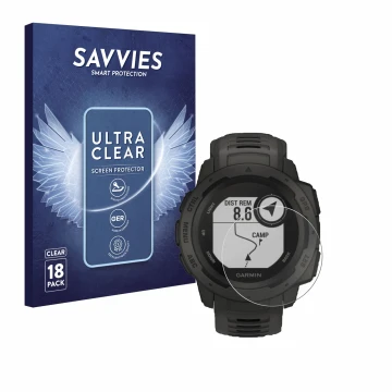 Face avant d’un emballage produit avec le logo de la marque Savvies. À côté, l’appareil Garmin Instinct Tactical Edition est r