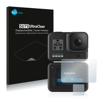 Face avant d’un emballage produit avec le logo de la marque Savvies. À côté, l’appareil GoPro Hero 8 Black est représenté avec