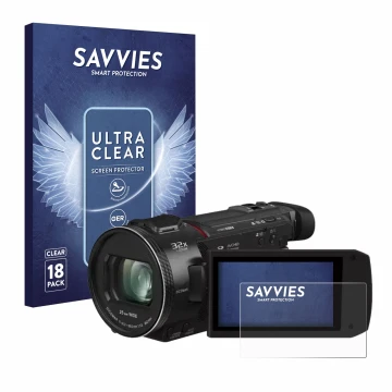 Face avant d’un emballage produit avec le logo de la marque Savvies. À côté, l’appareil Panasonic HC-VXF11 est représenté avec